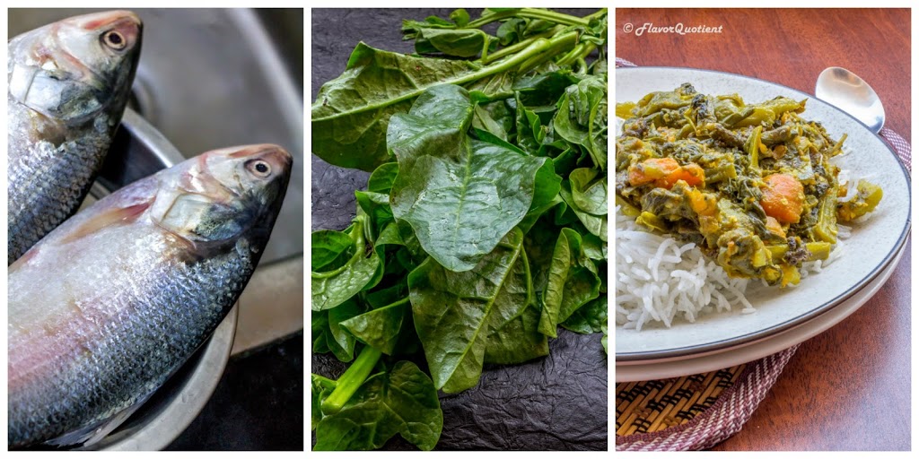 Ilish macher matha diye pui shaak which can be perfectly translated as Malabar spinach with Hilsa head – a typical recipe from Bengal, my hometown, which proves the extent of our love for fish!