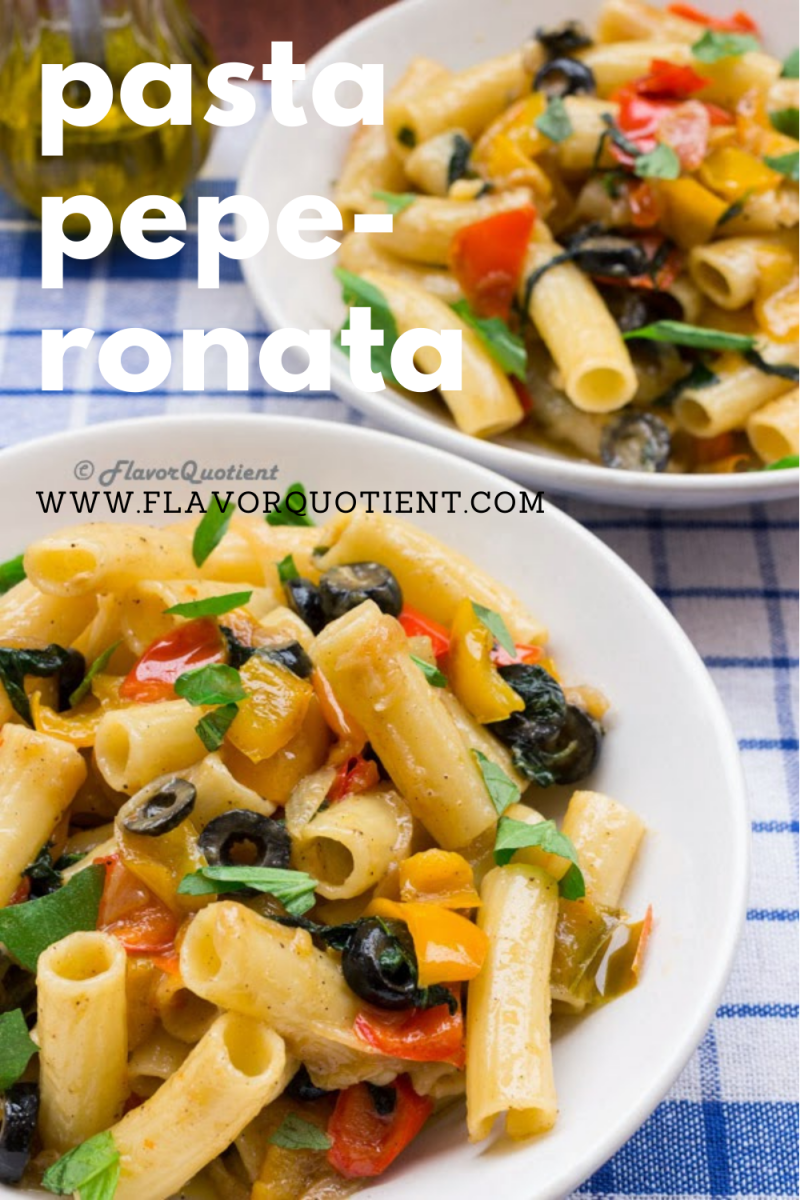 Pasta peperonata is a fresh summer pasta with assorted bell peppers of all colors and topped with olives! Finish it off with generous sprinkle of fresh basil! The best summer pasta you will have and this simple & easy recipe will help you make one! | pasta peperonata | pasta peperonata salad | pasta peperonata recipe | peperonata pasta salad