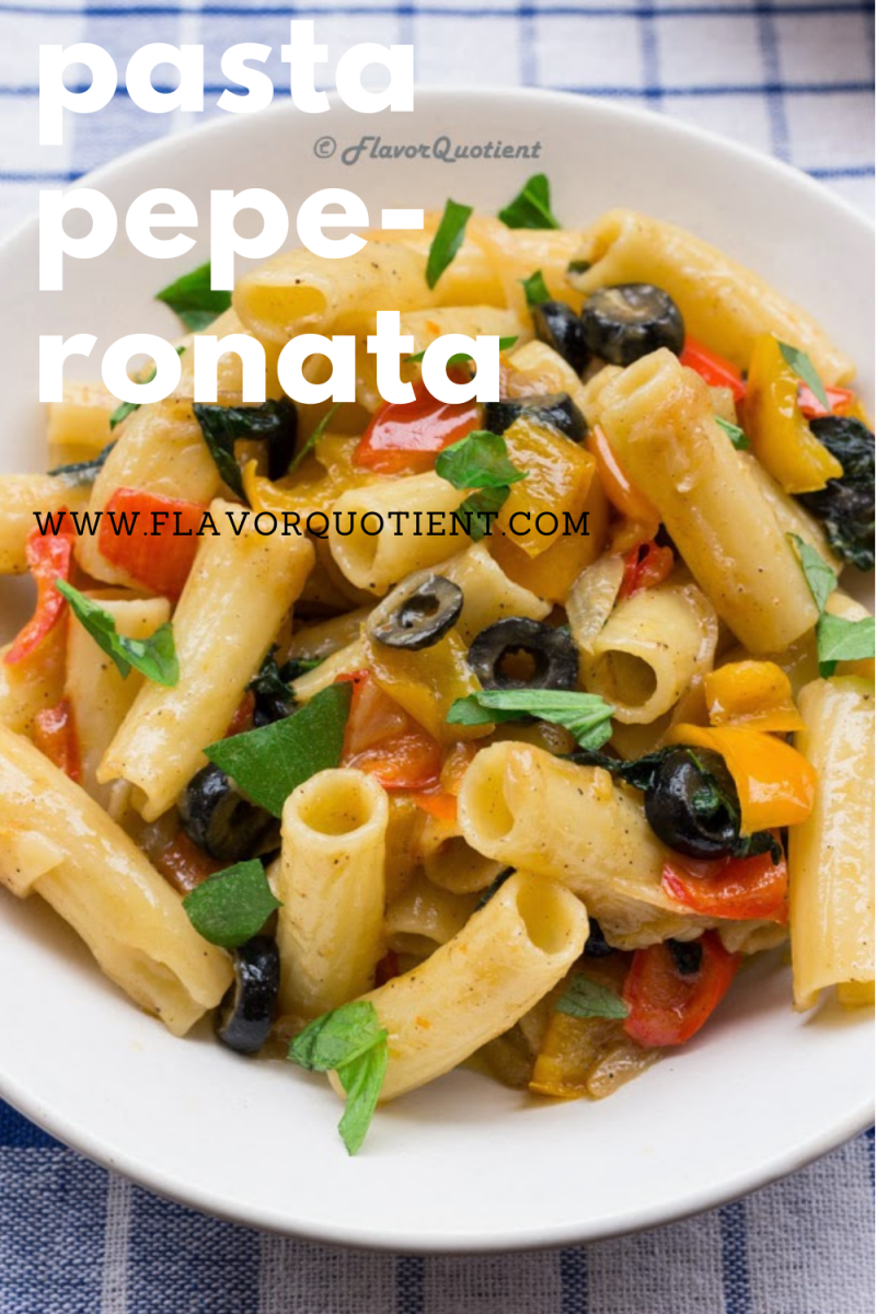 Pasta peperonata is a fresh summer pasta with assorted bell peppers of all colors and topped with olives! Finish it off with generous sprinkle of fresh basil! The best summer pasta you will have and this simple & easy recipe will help you make one! | pasta peperonata | pasta peperonata salad | pasta peperonata recipe | peperonata pasta salad