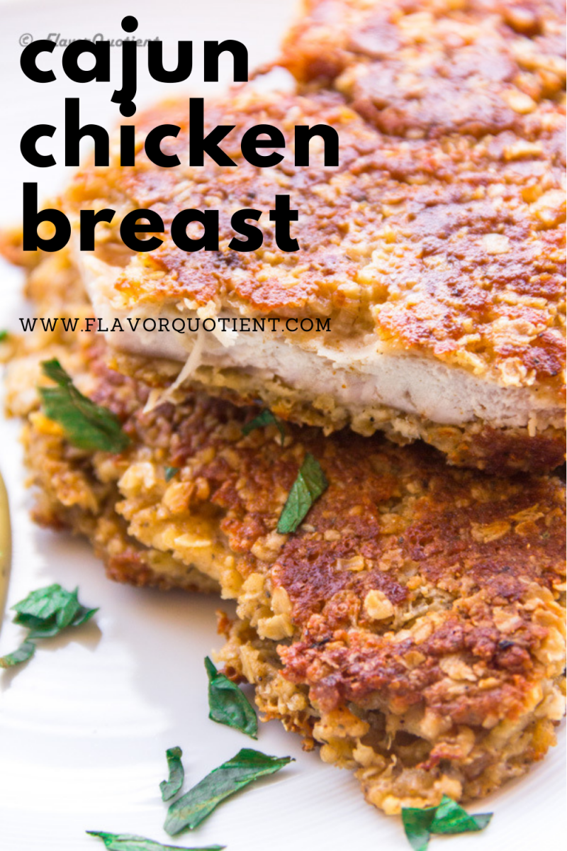 This crispy Cajun chicken breast spiced with mind-blowing Cajun seasoning will be a show-stopper at your dinner table! The crispy chicken breast is coated with a oatmeal crust and shallow fried to retain a juicy & succulent chicken inside. This crispy chicken breast makes for an easy weeknight dinner. Serve with a mayo dip! | cajun chicken breasts recipes | Grilled cajun chicken breasts | how to make cajun seasoning