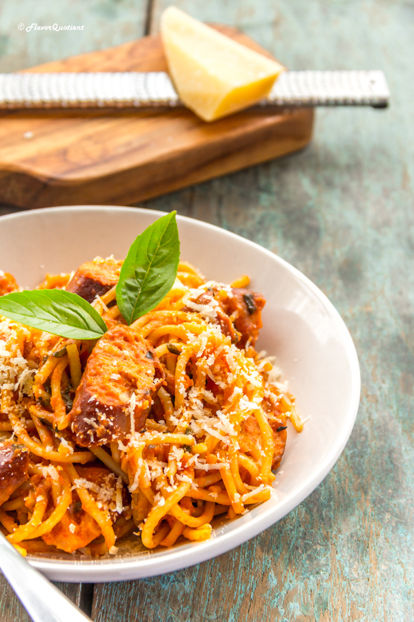 Classic Chicken Spaghetti in Red Sauce – Flavor Quotient: The classic spaghetti in red sauce tastes best with the homemade tomato sauce and loads of grated Parmesan cheese! 