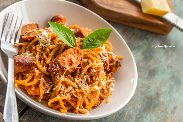 Classic Chicken Spaghetti in Red Sauce – Flavor Quotient: The classic spaghetti in red sauce tastes best with the homemade tomato sauce and loads of grated Parmesan cheese! 