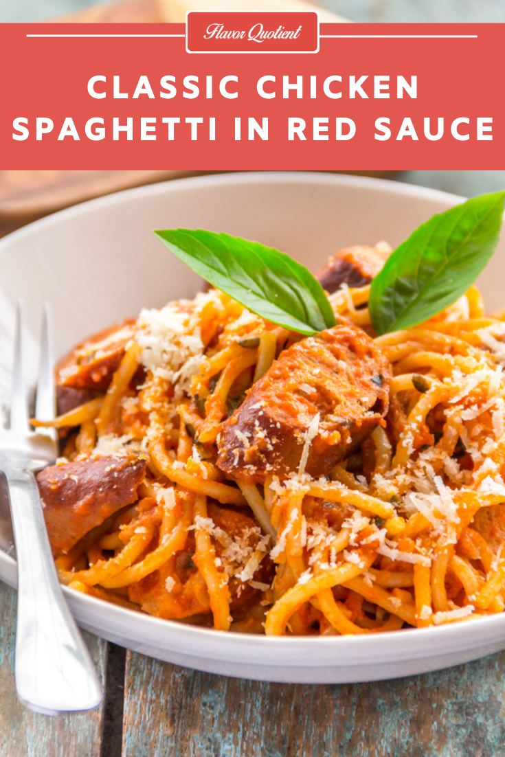 Classic Chicken Spaghetti in Red Sauce | Flavor Quotient | The classic spaghetti in red sauce tastes best with the homemade tomato sauce and loads of grated Parmesan cheese!