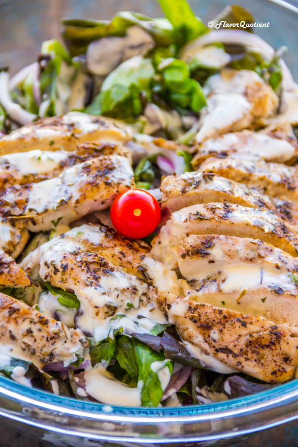 Grilled Chicken Salad with Ranch Dressing | Flavor Quotient | The best thing to drizzle my homemade ranch dressing on is this grilled chicken salad. We were simply knocked off by the killer combination of grilled chicken salad with ranch!