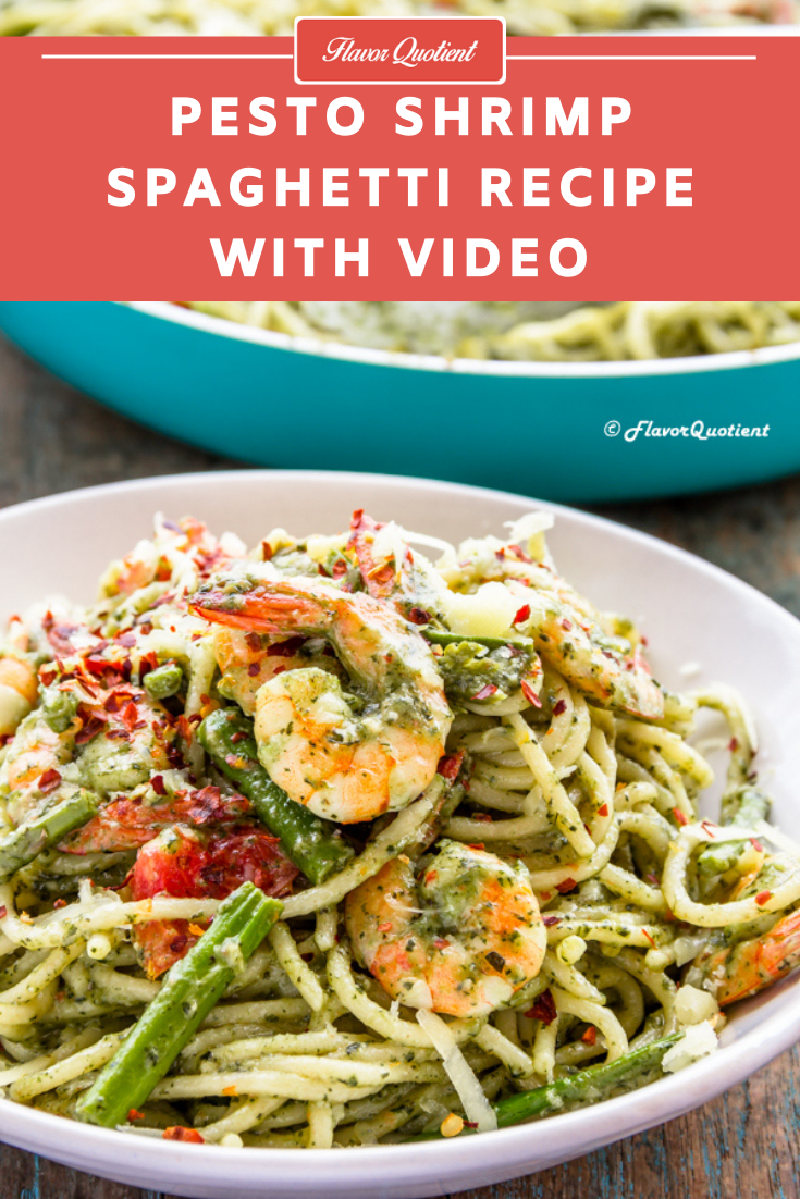 Pesto Shrimp Spaghetti | Flavor Quotient | When all good things come together, it makes such amazing dish like this creamy pesto shrimp spaghetti! With homemade basil pesto, things rise to a whole new level of yumminess!