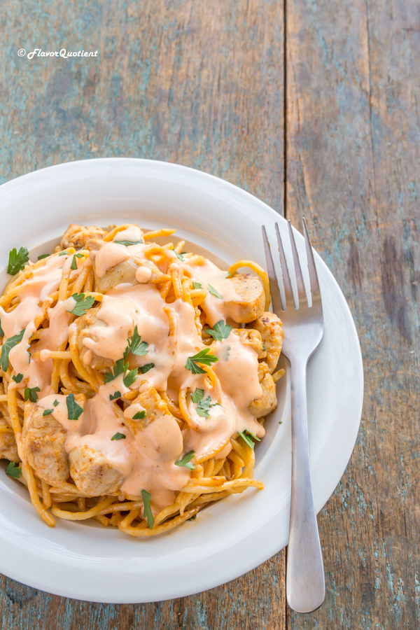Bang Bang Chicken Pasta | Flavor Quotient | This bang bang chicken pasta is childishly easy to make but substantially high on taste! The addictive bang bang sauce gives an ultimate make-over to the humble chicken pasta.