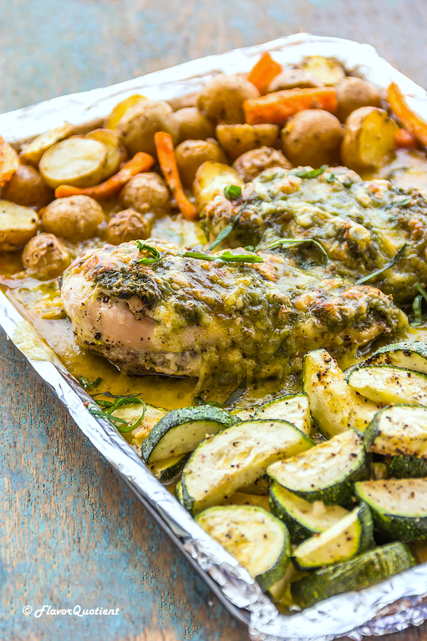 One Pan Pesto Chicken & Veggies | Flavor Quotient | This one pan pesto chicken and veggies is a sure-shot winner – you get a delicious dish and just one pan to wash! What more can you ask for!