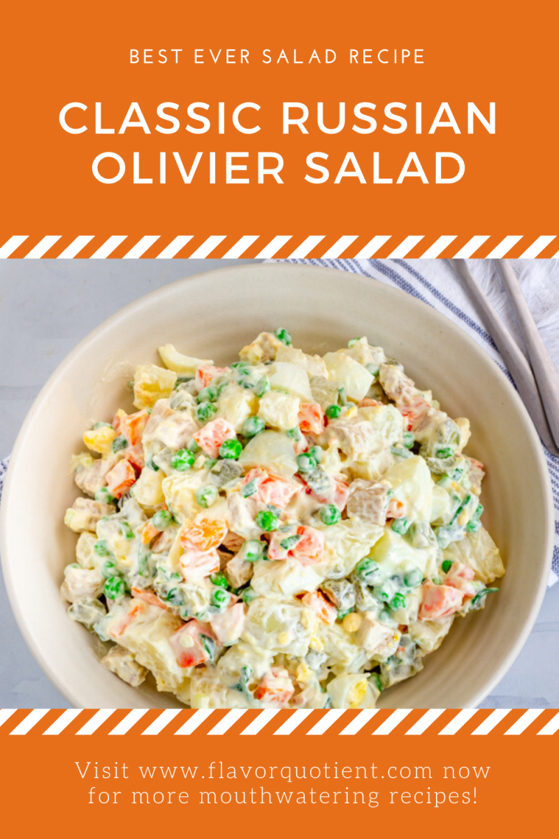 This classic Russian Olivier salad is a must-have recipe for any Russian family celebrations! This Russian Olivier salad is loaded with potatoes and other veggies like carrots, green peas and gherkins along with proteins like eggs and grilled chicken! I have twisted it up and used chicken sausage instead of grilled chicken in my Olivier salad which I am sure will win your heart over! #oliviersalad #russiansaladrecipe #easyoliviersaladrecipe #easyrussiansaladrecipe