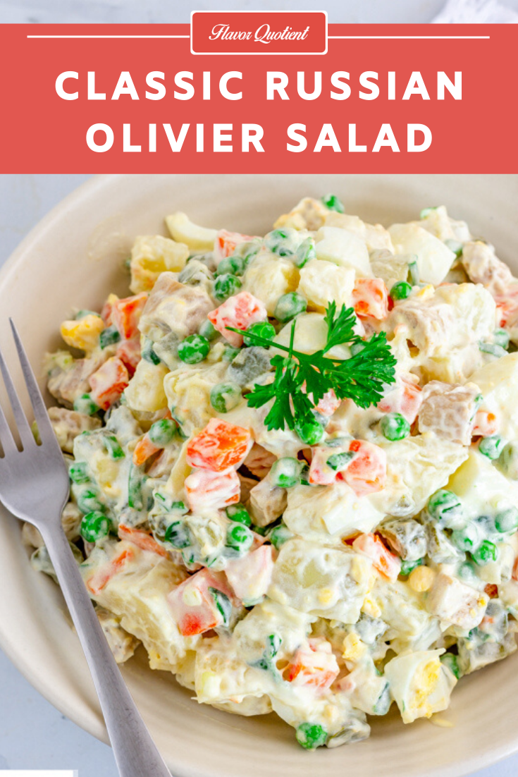 Russian Olivier Salad Recipe | Flavor Quotient | The Russian Olivier salad is a potato salad which is also loaded with other veggies like carrots, green peas and gherkins.