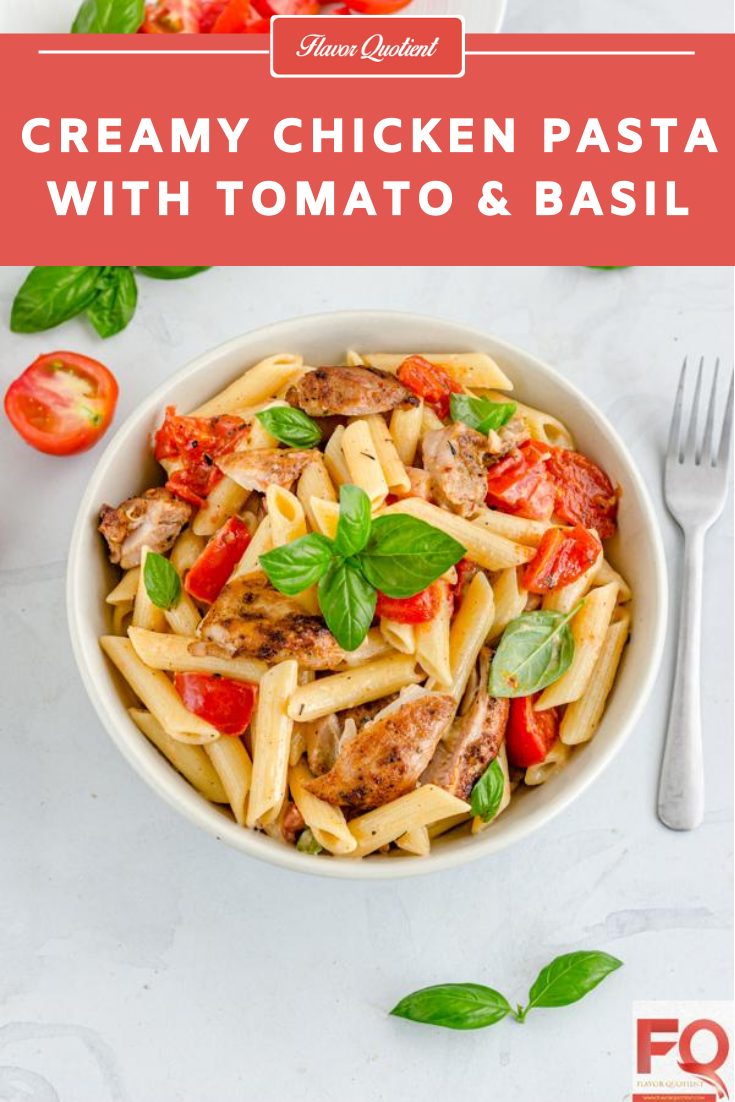 My weeknight creamy chicken pasta with tomato & fresh basil will ease out your weeknight meal-stress blissfully as it is super quick to make and super tasty to relish! Even being a quick weeknight meal, this creamy chicken pasta looks very fancy and may remind you of your favorite pasta place!| Creamy Chicken Pasta recipes | Creamy Chicken Pasta one pot | Creamy Chicken Pasta bake | Creamy Chicken Pasta dishes | Creamy Chicken Pasta recipes dinners | Easy Creamy Chicken Pasta