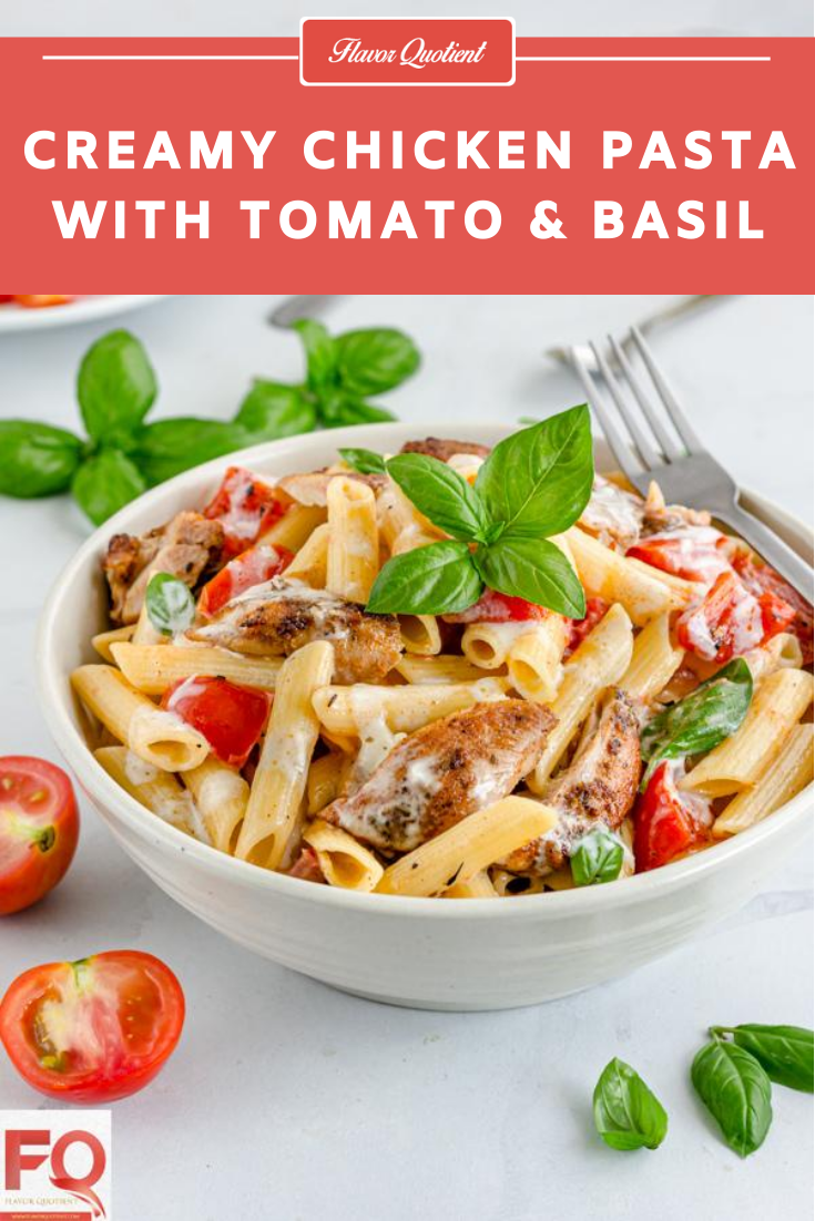 My weeknight creamy chicken pasta with tomato & fresh basil will ease out your weeknight meal-stress blissfully as it is super quick to make and super tasty to relish! Even being a quick weeknight meal, this creamy chicken pasta looks very fancy and may remind you of your favorite pasta place!| Creamy Chicken Pasta recipes | Creamy Chicken Pasta one pot | Creamy Chicken Pasta bake | Creamy Chicken Pasta dishes | Creamy Chicken Pasta recipes dinners | Easy Creamy Chicken Pasta